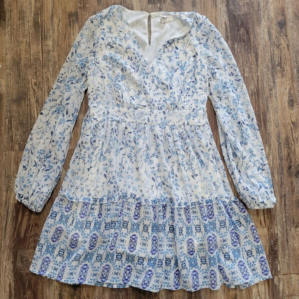 Japna  Blue White Print Dress F Mini Balloon Sleeve cottagecore prairiecore
